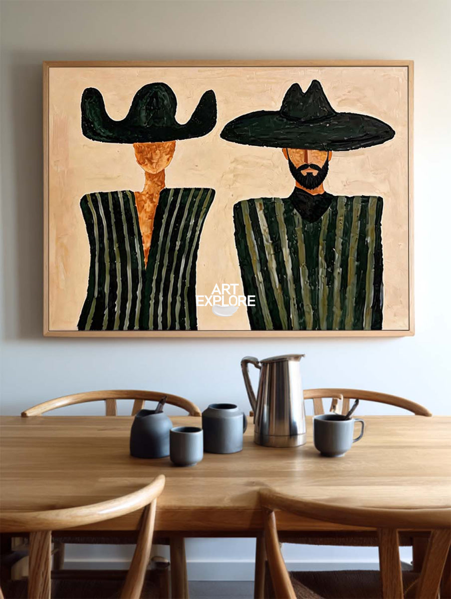 Minimalist Beige Cowboy Painting Horizontal Canvas Wall Art For Living Room And Office Decor