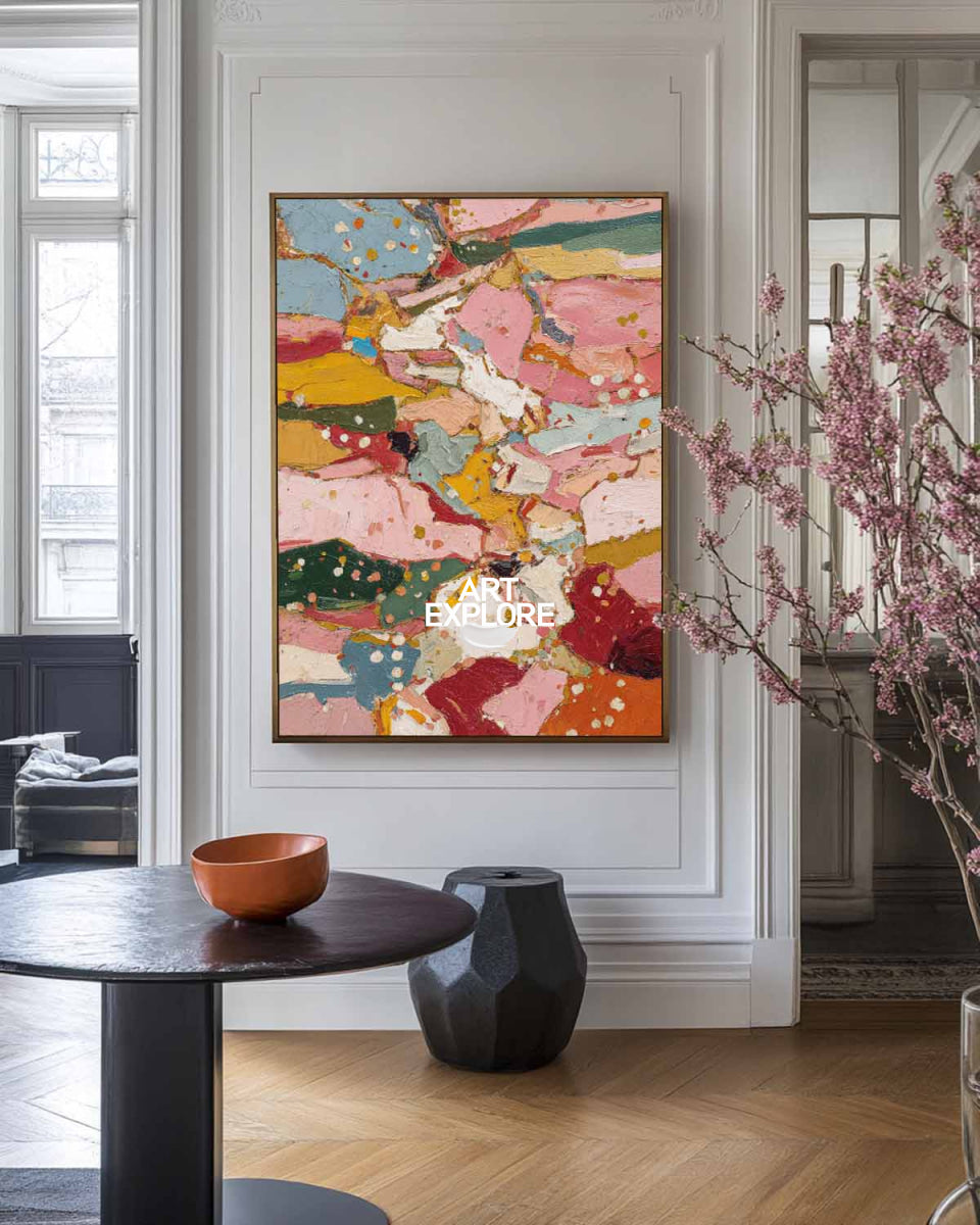 Hand Painted Abstract Textured Art With Pink And Teal For Modern Living Room Decor