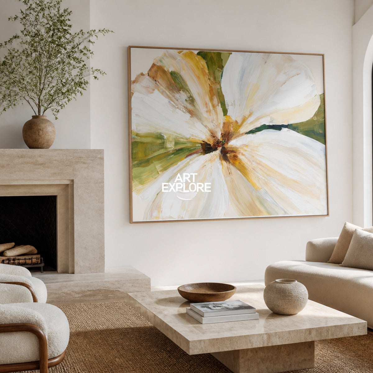 Modern Horizontal Wall Art For Living Room Abstract Flower In Beige White