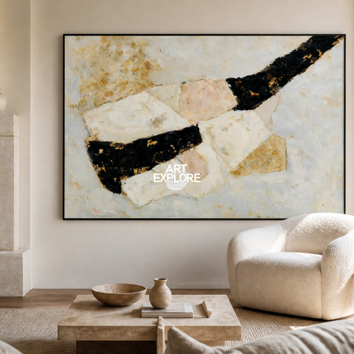 Abstract Geometric Canvas Painting In Black White And Beige