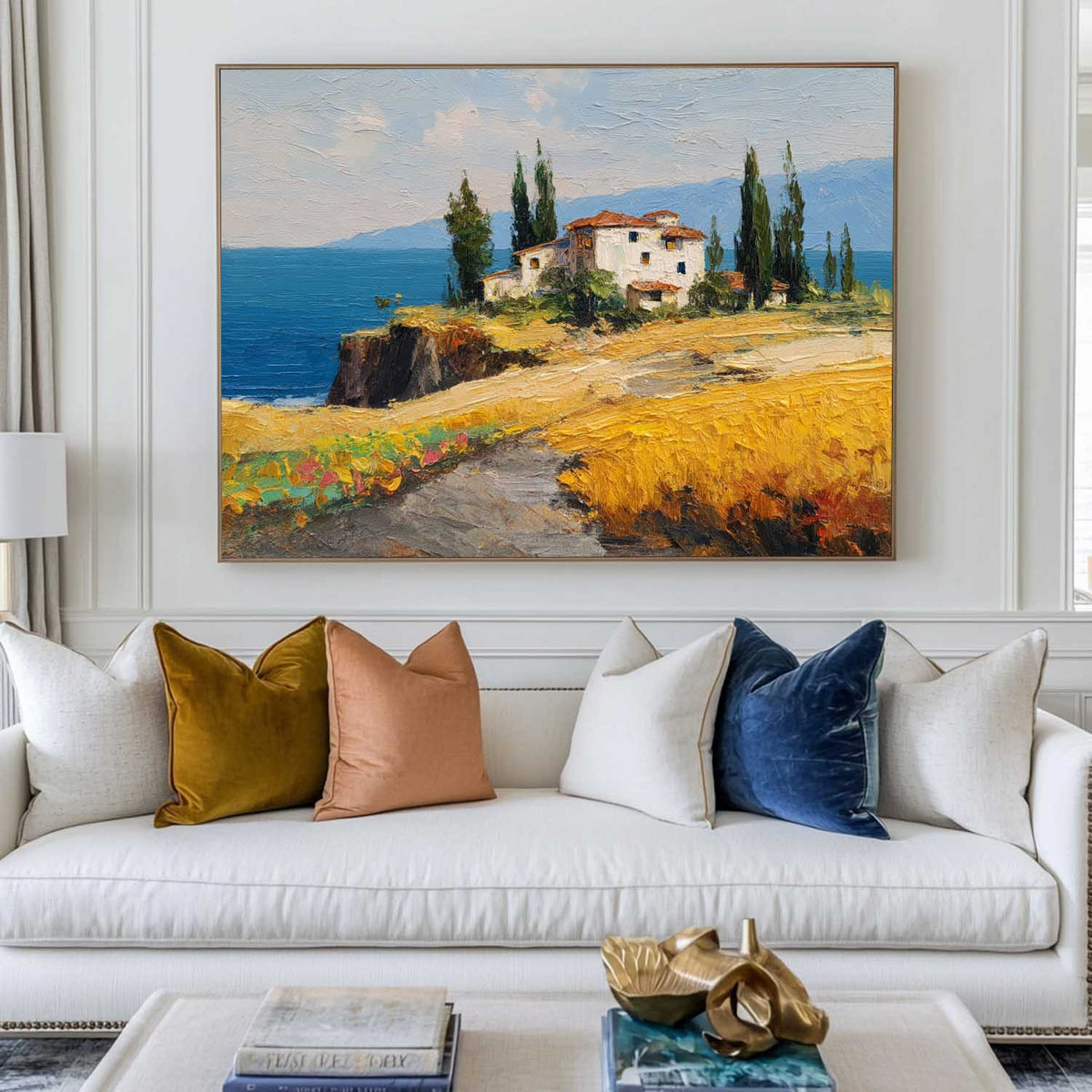 Mediterranean Sea & Countryside Canvas Art – Modern Textured Landscape Painting for Elegant Home Interiors