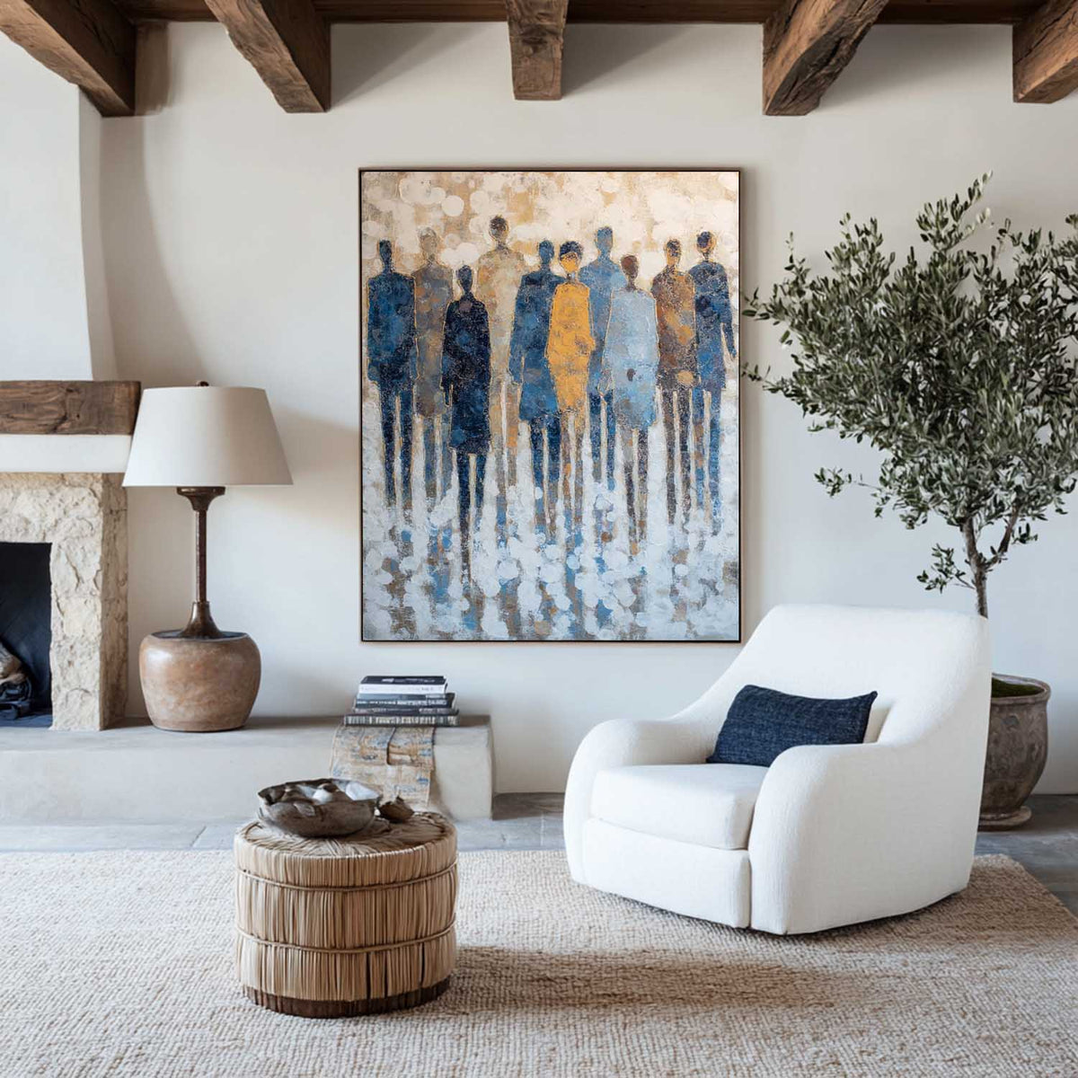 Minimal Blue Boho Art for Large Spaces – Textured Abstract Painting Ideal for Modern Home Wall Decoration