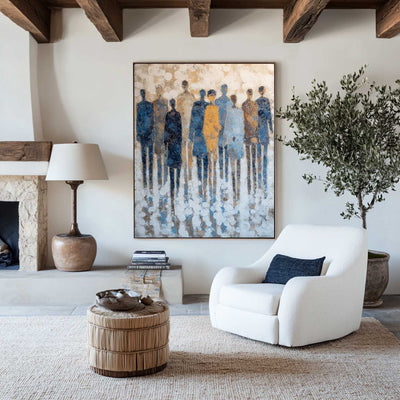 Minimal Blue Boho Art for Large Spaces – Textured Abstract Painting Ideal for Modern Home Wall Decoration
