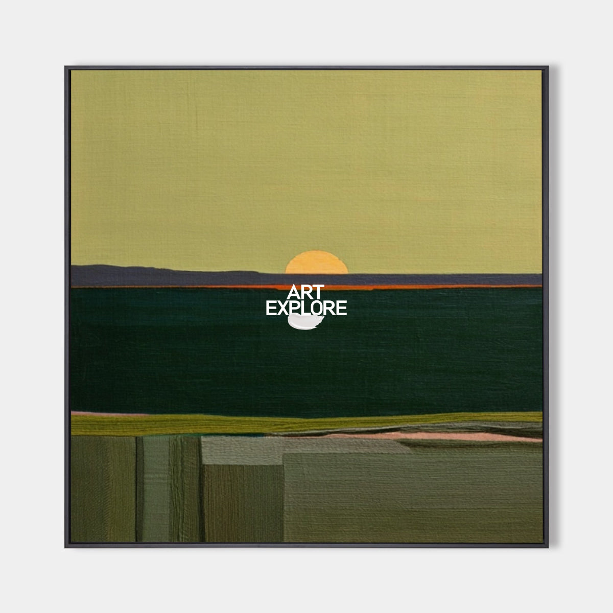 Minimalist Abstract Green Art With Geometric Forms And Sunset Glow Original Canvas