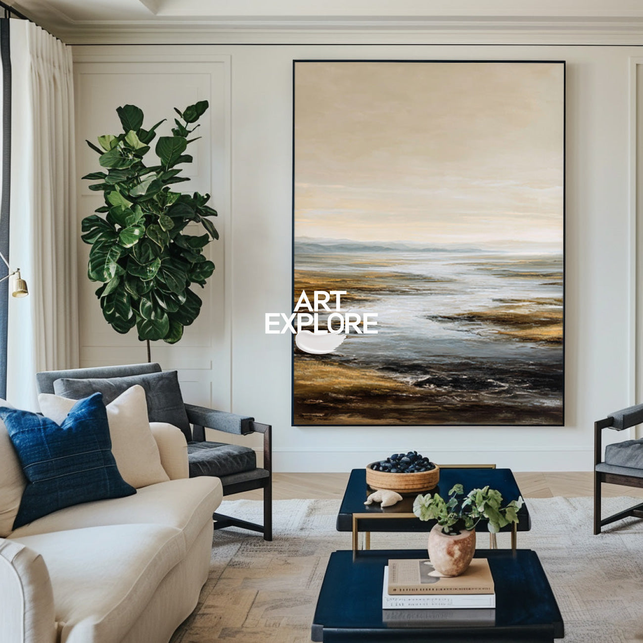 Minimalist Blue Beige Scenery Painting, Vertical Large Space Wall Decor ArtExplore
