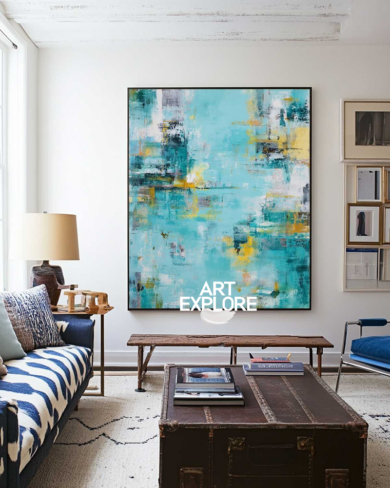 Minimalist Blue Oil Painting on Canvas for Hallway & Hotel Walls - ArtExplore