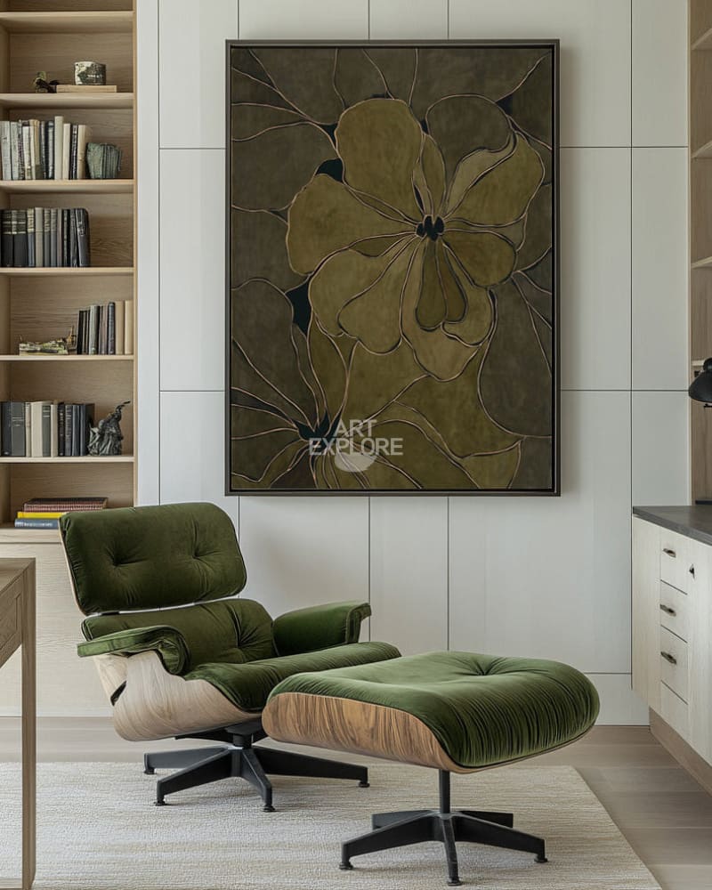 Minimalist Botanical Dark Green Art for Large Vertical Walls | ArtExplore