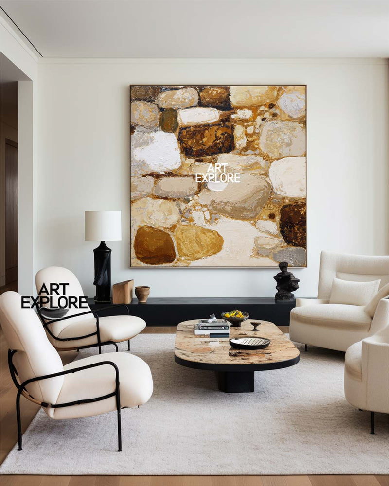 Minimalist Brown Rock Canvas | Large Handmade Textured Square ArtExplore