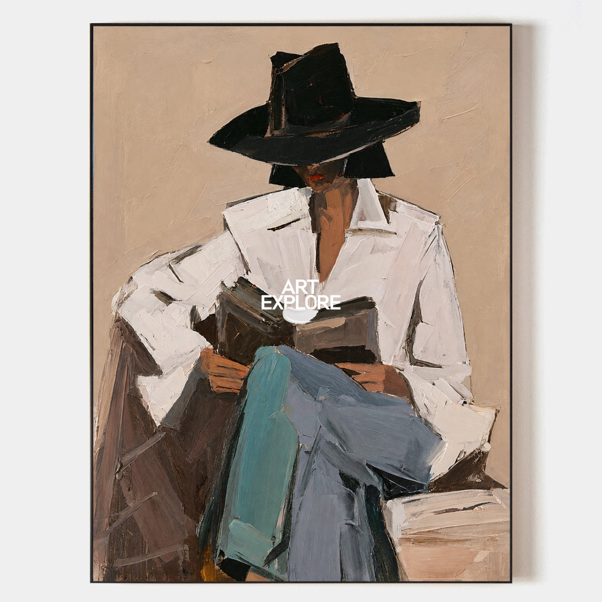 Minimalist Female Portrait Canvas Painting With Black Hat And White Shirt In Beige Tones