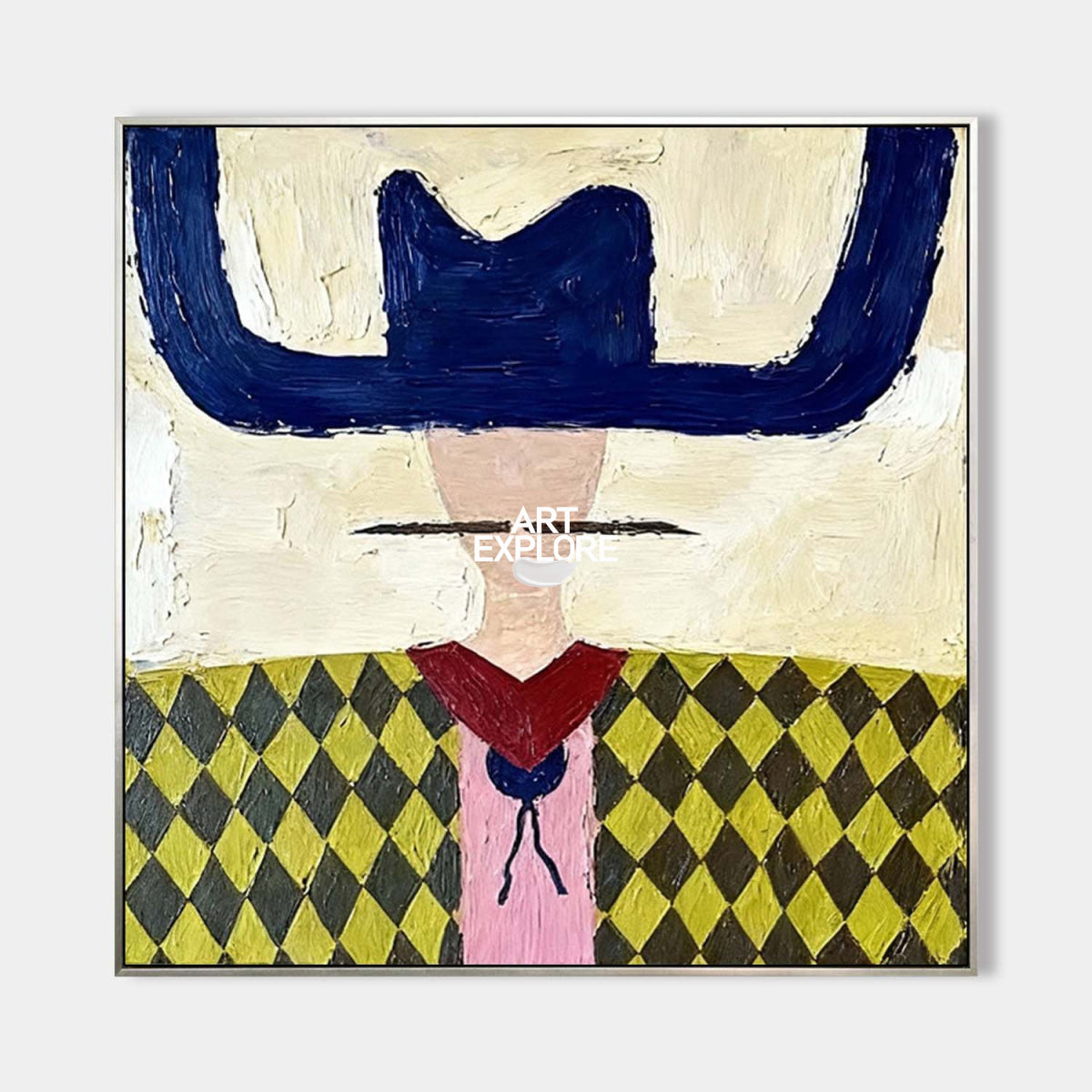 Minimalist Folk Art Painting With Geometric Cowboy In Yellow And Blue For Modern Home Decor