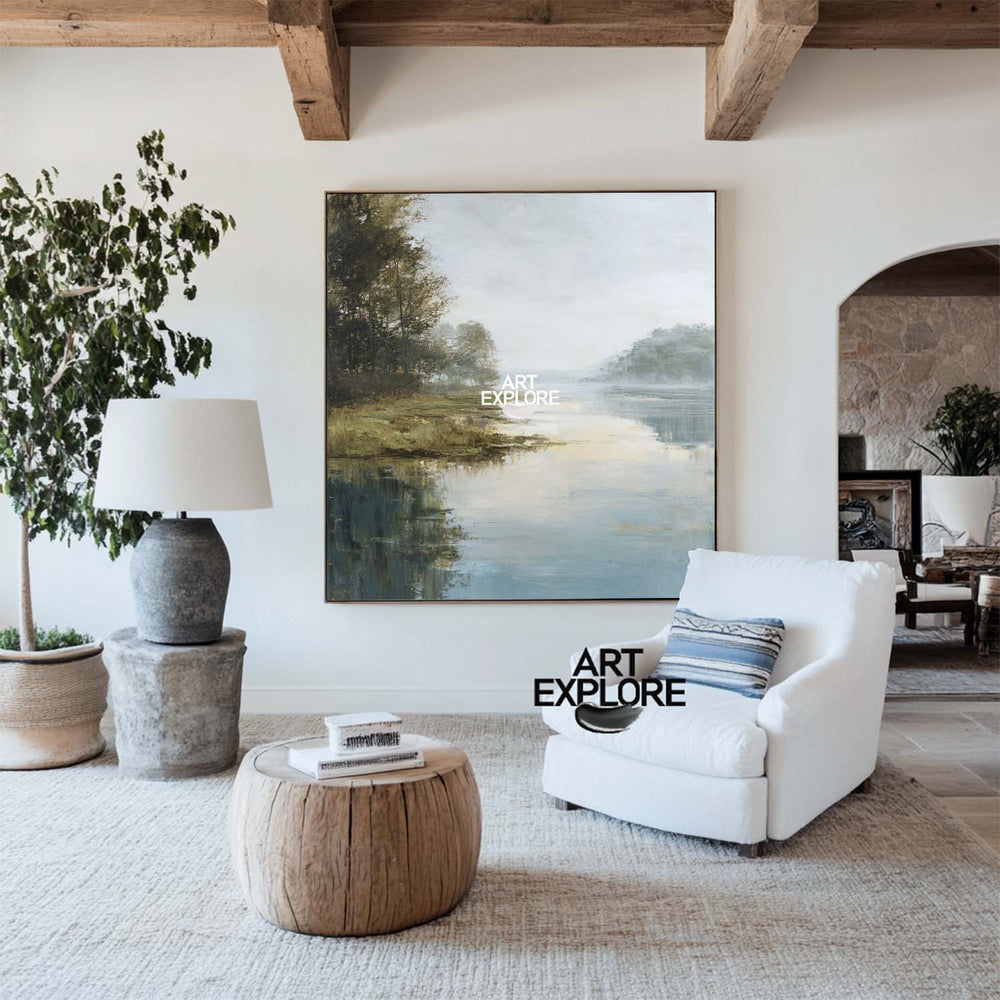 Minimalist Forest River Painting | Large Square Canvas ArtExplore Wall Art