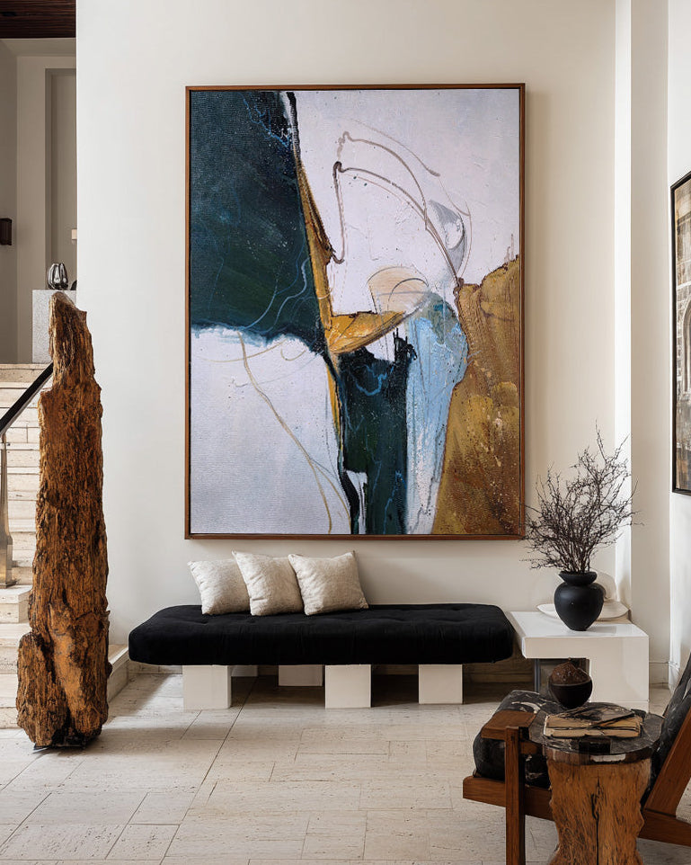 Minimalist Green Gold Wall Art | Large Vertical Texture Painting | ArtExplore