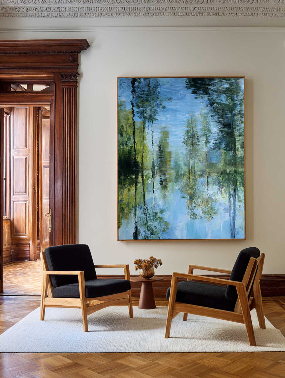 Minimalist Green Nature Reflection Canvas Painting – Oversized Handmade Wall Art Explore