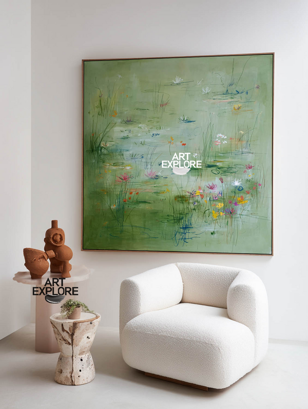 Minimalist Green Pond Painting | Large Square Canvas for Home Office