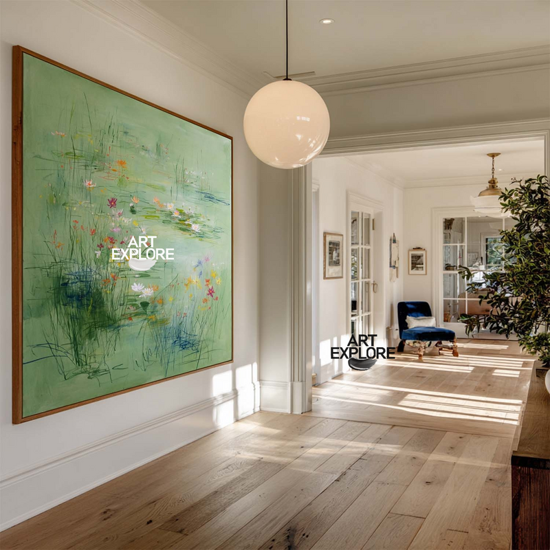 Minimalist Green Pond Painting for Bedroom & Hallway Decor | ArtExplore