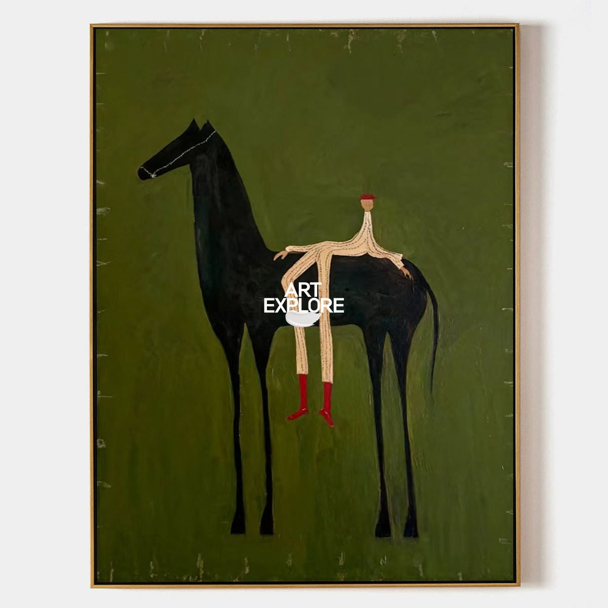 Minimalist Horse Painting Green Abstract Folk Art Canvas For Modern Home Decor