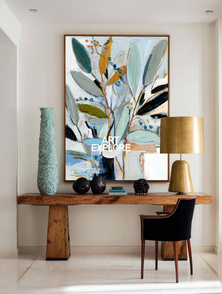 Minimalist Nature Abstract Painting Large Blue & Gold Leaf Decor