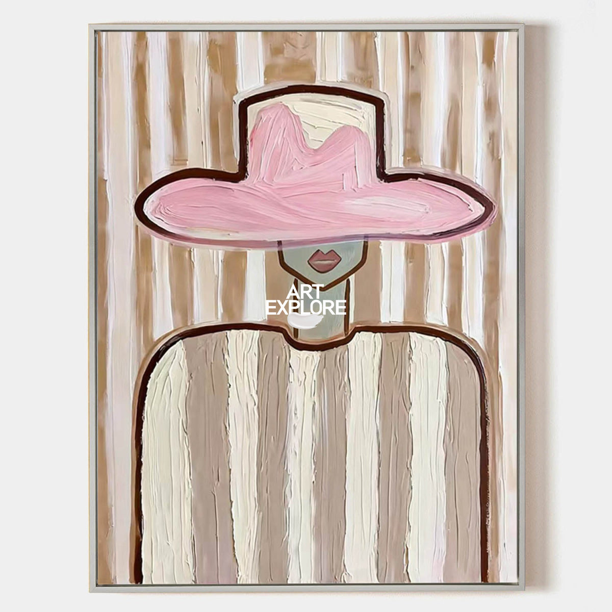 Minimalist Pink Hat Portrait Painting Brown Beige Abstract Wall Art For Living Room Vertical Canvas