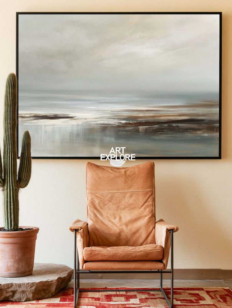 Wabi Sabi Coastal Landscape Painting In Grey And Beige For Modern Living Room Decor