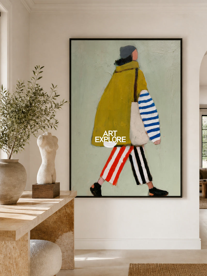 Minimalist Green Fashion Woman Painting Original Oil On Linen Canvas For Living Room Decor