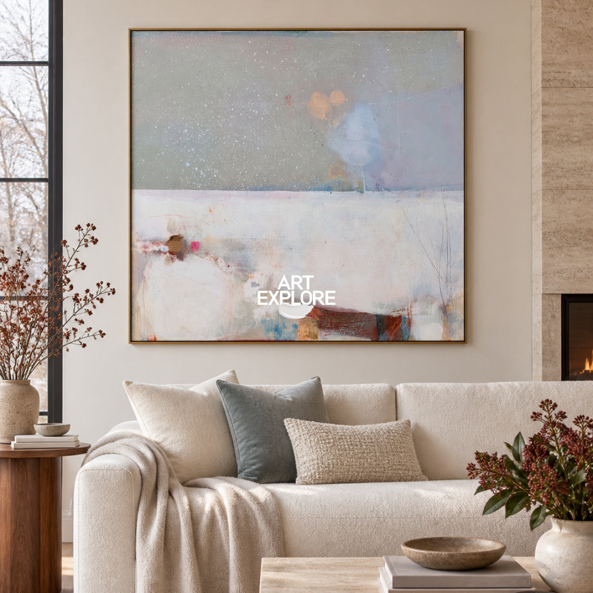 Minimalist Abstract Square Painting With Textured White Blue Gray Tones Original Art