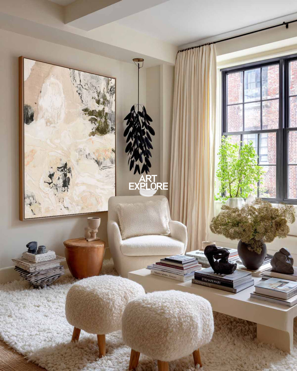 Abstract Beige Canvas Painting With White And Black Tones For Modern Wall Art