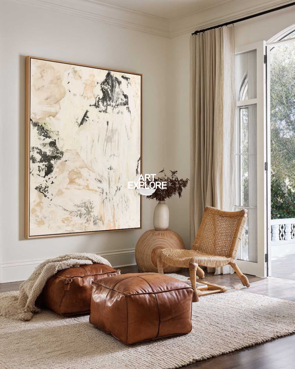 Abstract Beige Canvas Painting Hand-Painted Original Art For Modern Walls