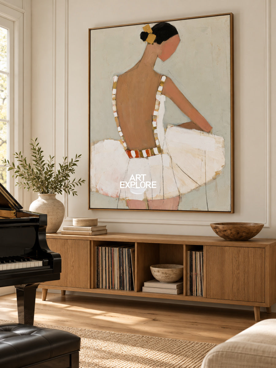 Ballerina Canvas Painting Minimalist Beige And Brown Hand-Painted Wall Art