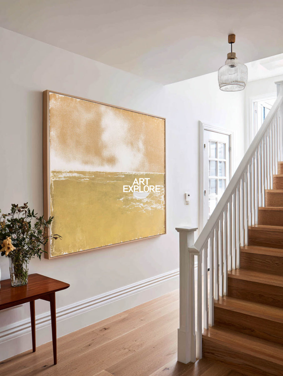 Original Minimalist Seascape Art In Gold And White For Living Room Wall