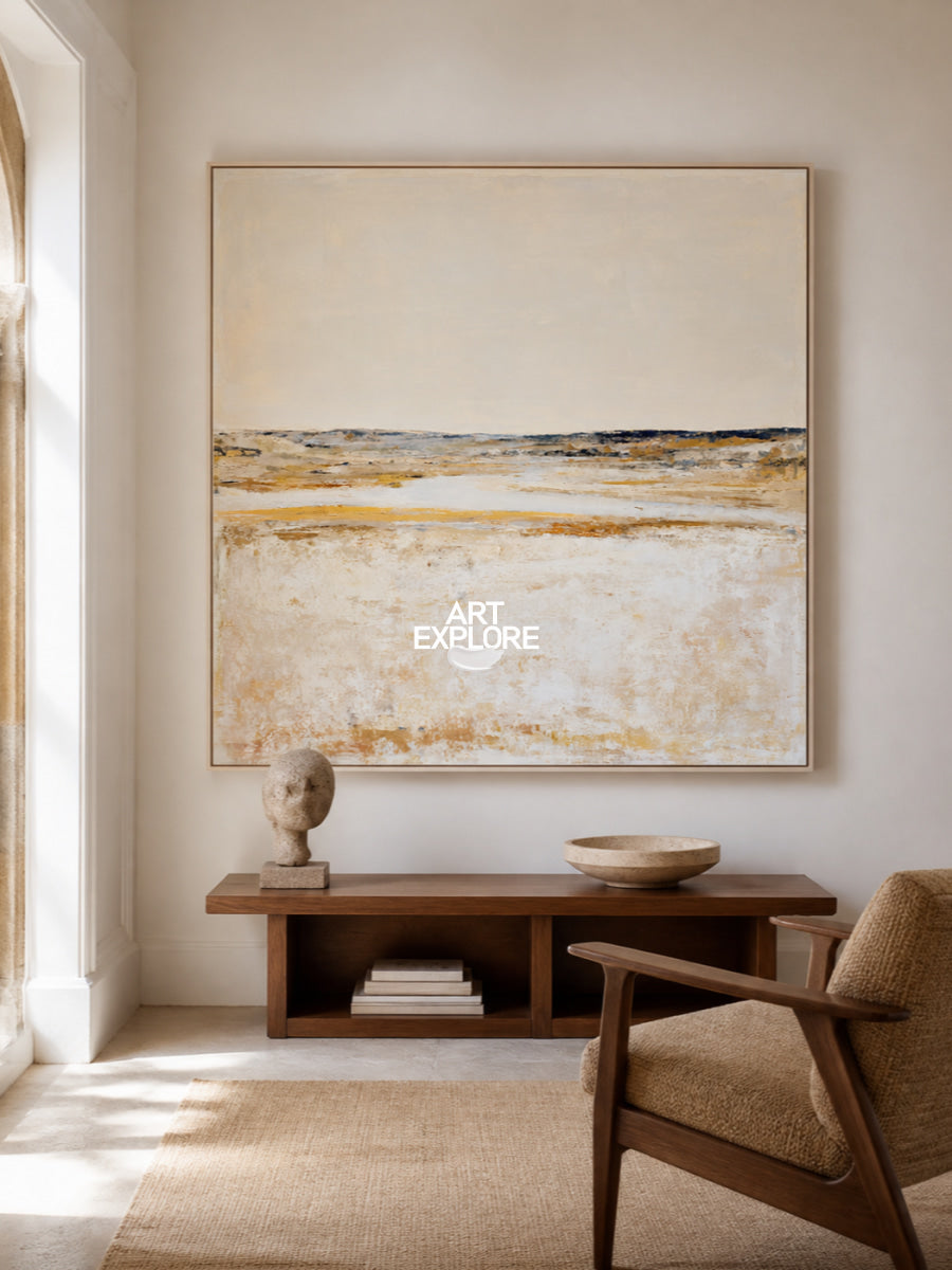 Abstract Horizon Landscape Canvas Painting In Beige And Brown Tones