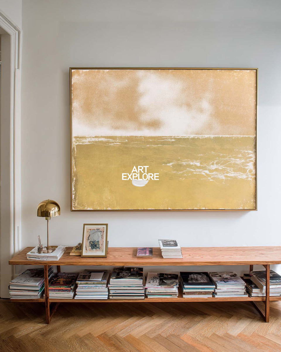 Original Minimalist Seascape Art In Gold And White For Living Room Wall