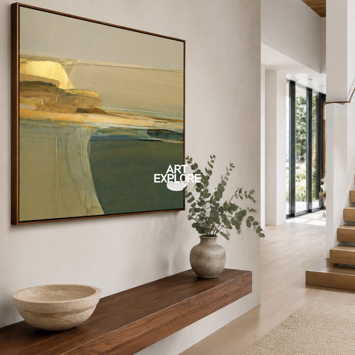 Minimalist Abstract Art With Textured Green And Gold Accents Original Canvas