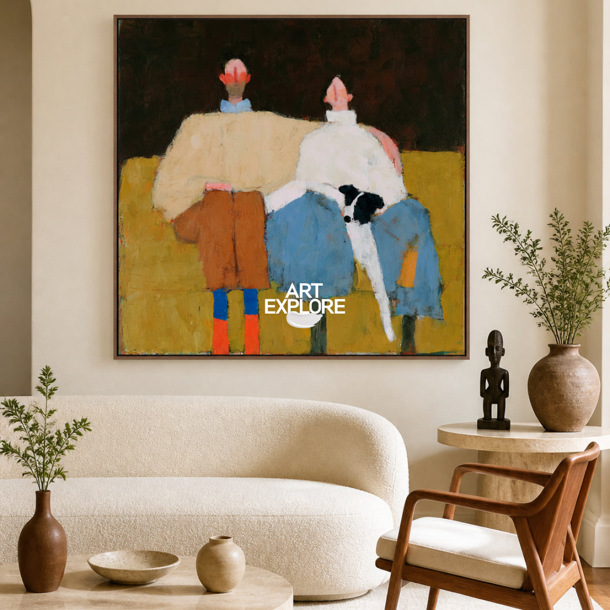 Contemporary Square Oil Painting Of Couple With Pet In Brown Blue For Living Room Decor