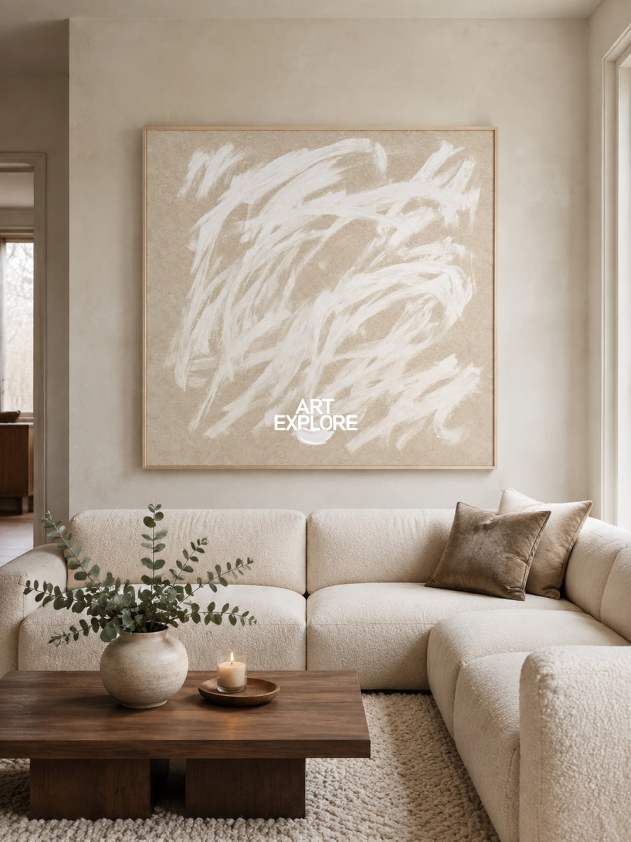 Original Abstract Minimalist Painting With Textured Beige And White Tones