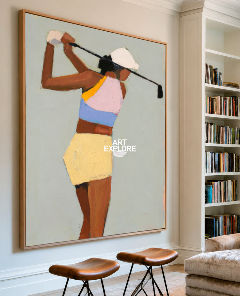 Abstract Golfer Painting Hand-Painted Canvas Wall Art In Green And Pastel Colors