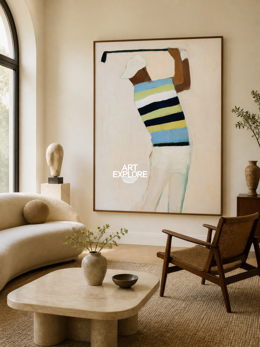 Modern Sports Wall Art For Office Abstract Golfer Painting In Beige