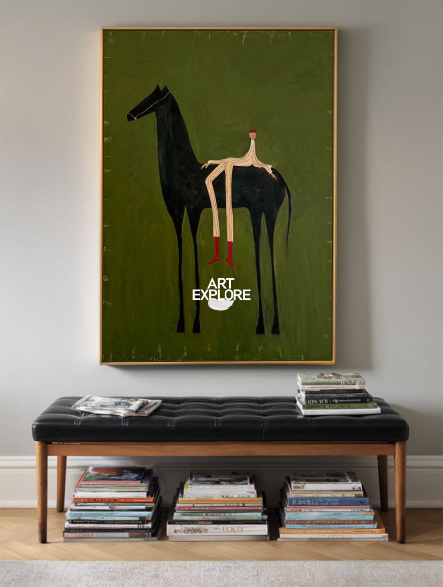 Minimalist Horse Painting Green Abstract Folk Art Canvas For Modern Home Decor