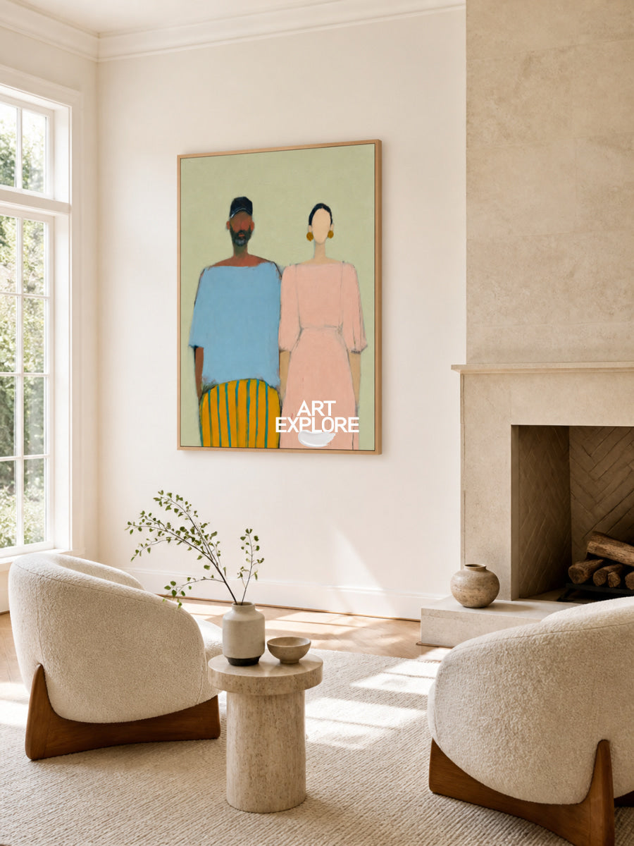 Modern Abstract Couple Painting Blue Pink Original Art For Living Room