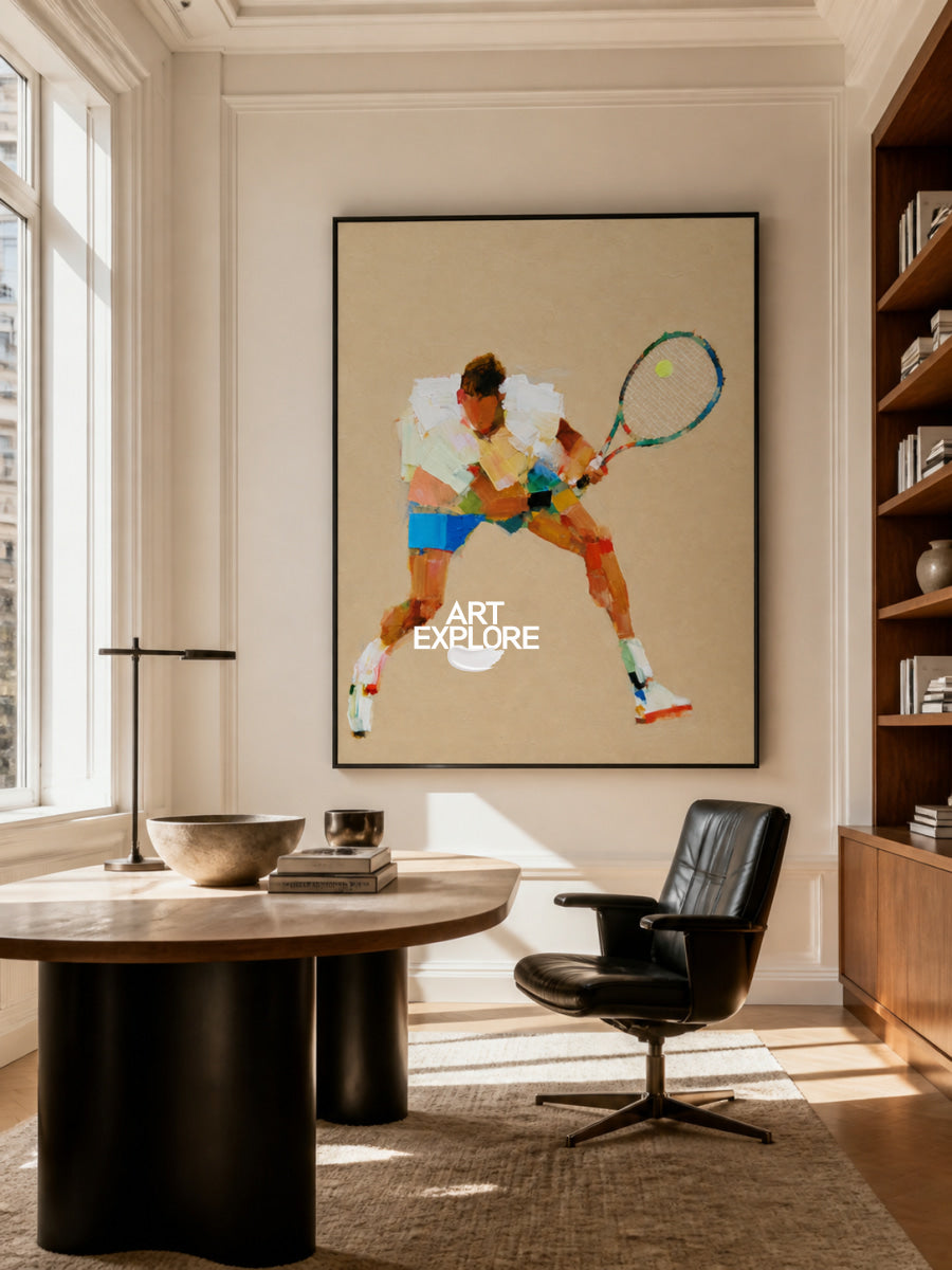Abstract Tennis Player Painting On Canvas With Earthy Tones For Game Room Decor