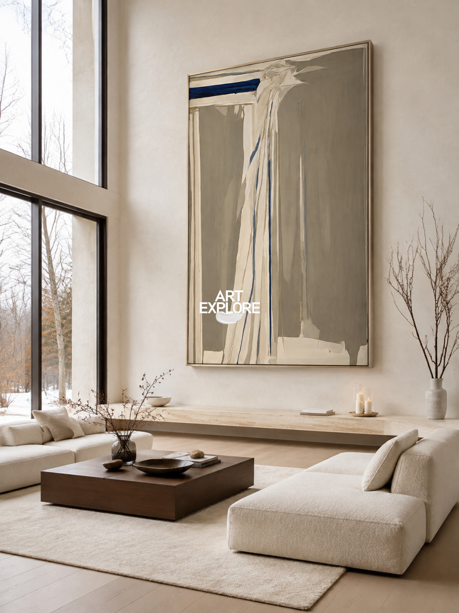 Abstract Beige And Blue Canvas Painting With Fluid Forms For Modern Walls