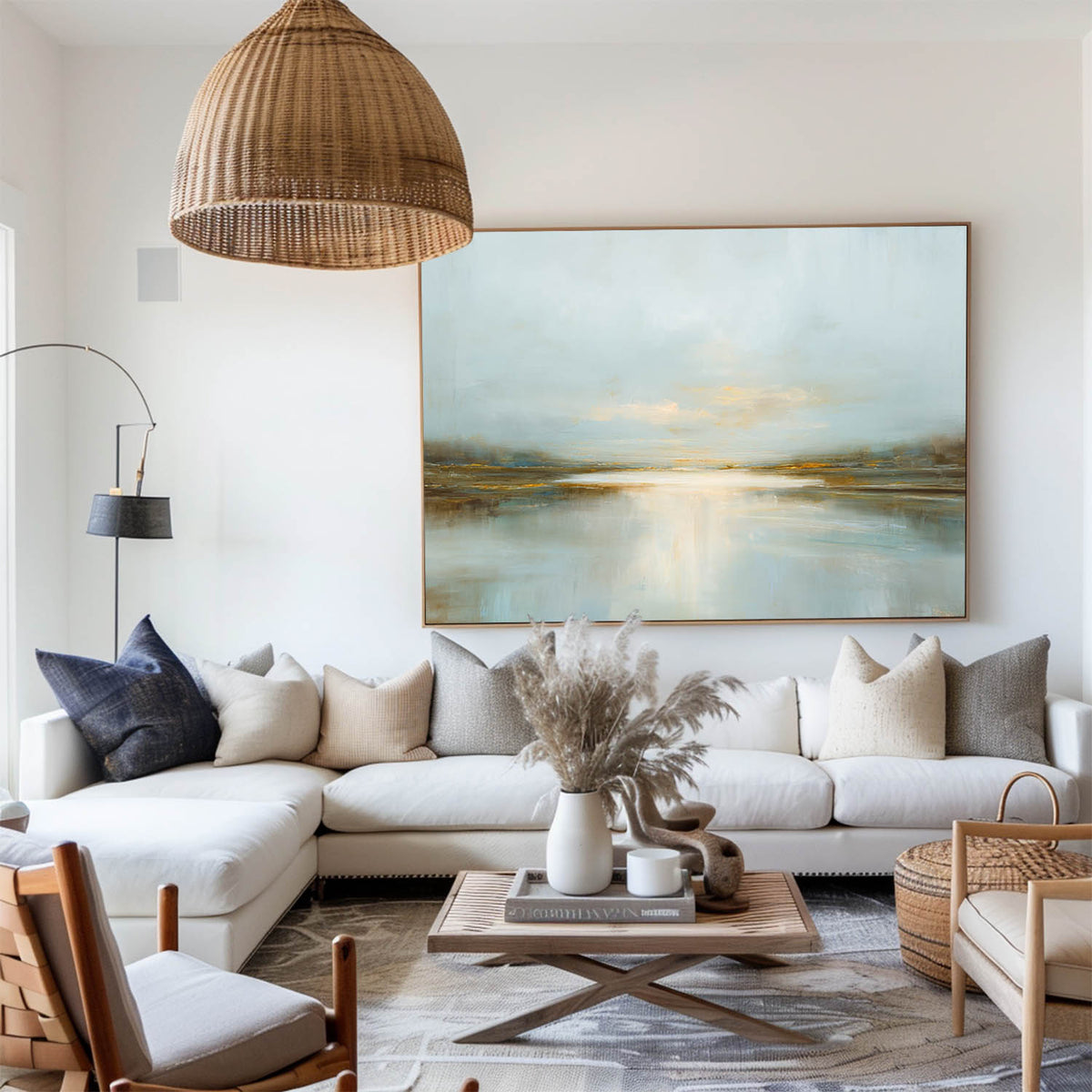 Misty Dawn Lake on Canvas – Textured Oil Painting for Contemporary Minimalist Interiors