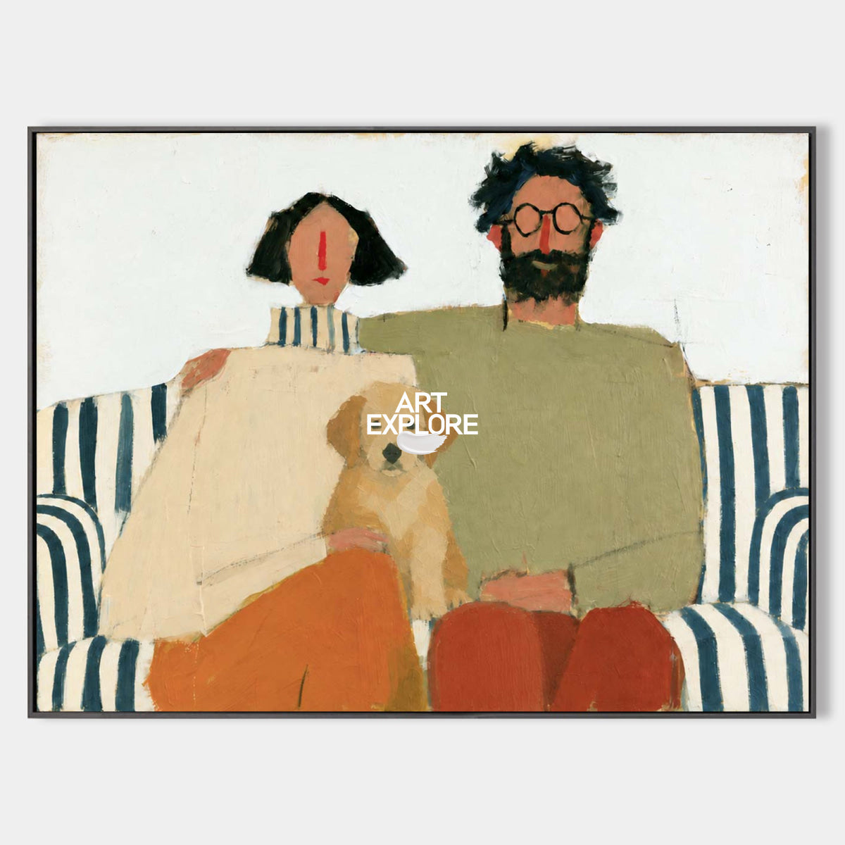 Hand-Painted Modern Abstract Art Expressive Couple And Pet On Canvas