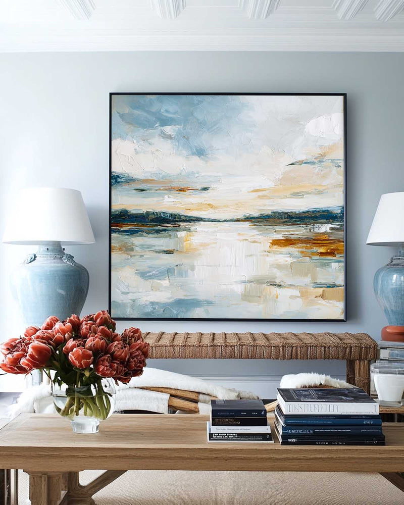 Modern Abstract Scenery Painting – Handmade Minimalist Wall Art for Living Room, Dining, Office, or Entryway