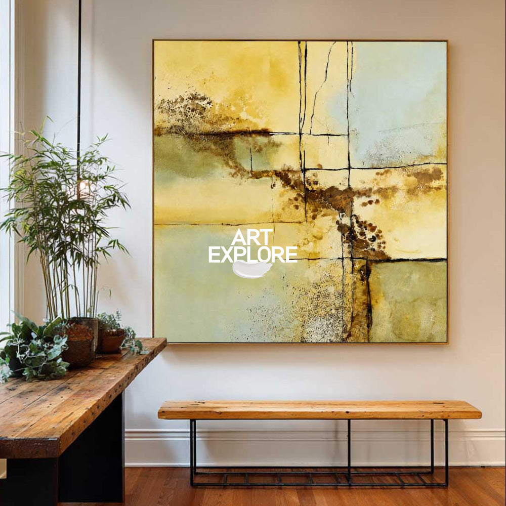 Modern Abstract Yellow Blue Green Painting With Geometric Lines For Contemporary Home Decor