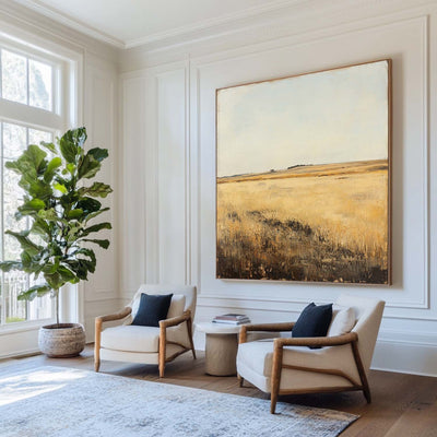 Large Village Autumn Field Painting Brown Countryside Vintage Wall Art Minimalist Wall Art For Sale