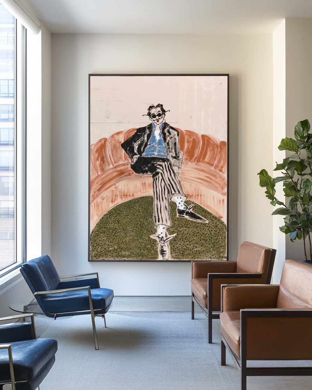 Modern Beige Minimalist Oil Artwork | Striped Gentleman Painting | ArtExplore