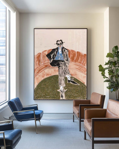 Modern Beige Minimalist Oil Artwork | Striped Gentleman Painting | ArtExplore