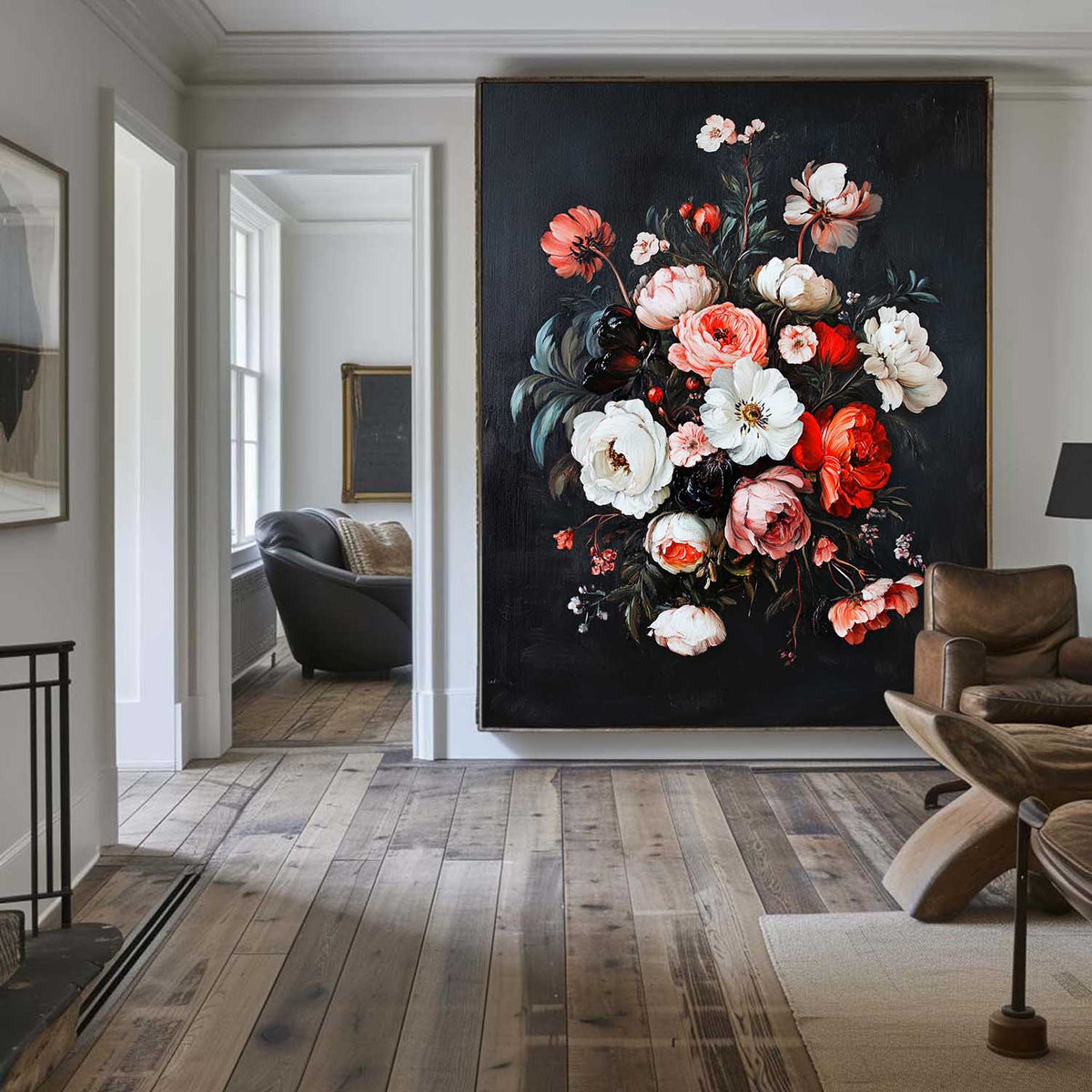 Modern Black Bouquet Oil Painting Modern Baroque Floral Painting Flower Canvas Wall Art For Sale