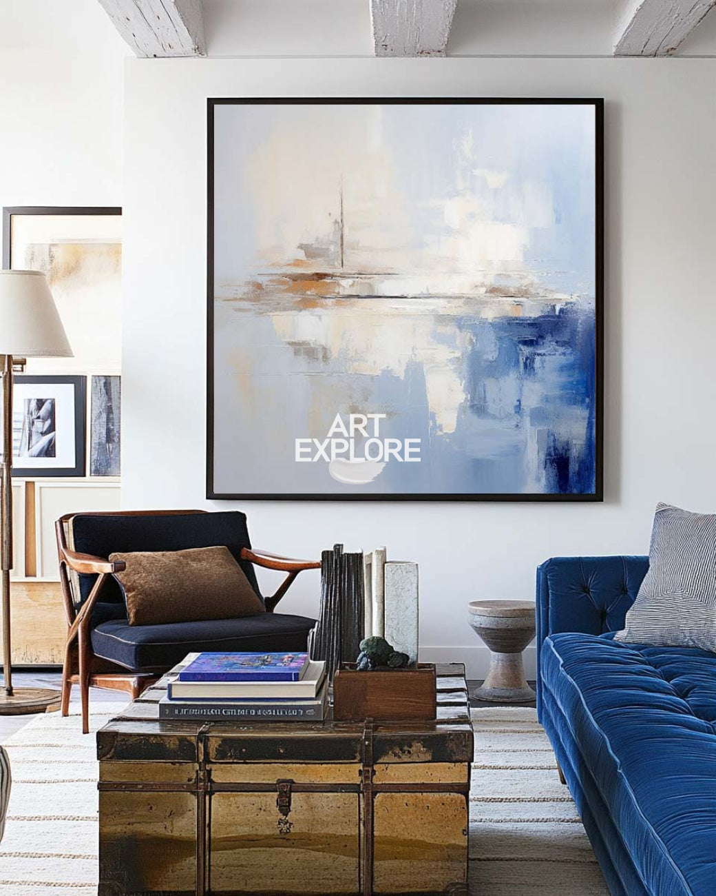 Large Blue And White Minimalist Wall Art Palette Knife Painting Modern Abstract Art Painting