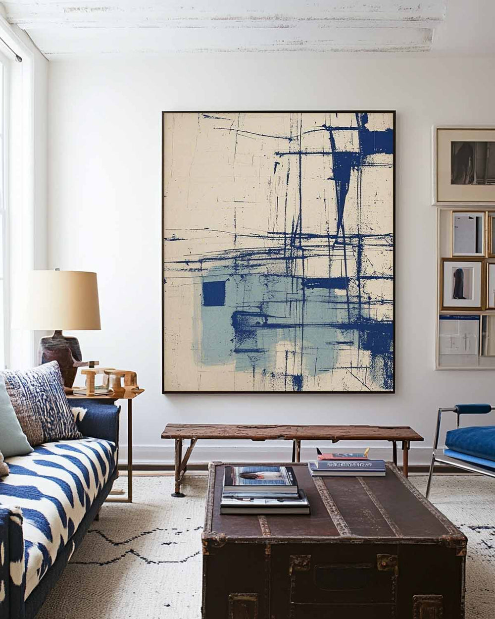 Modern Blue Beige Painting Blue Canvas Art Wabi Sabi Blue Beige Wall Art Large Fine Wall Art